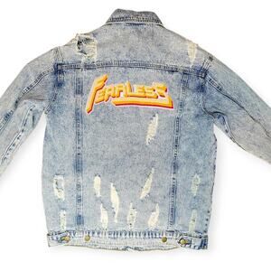 Honey Punch Fearless Patch Distressed Acid Wash Denim Jacket Women Sz S